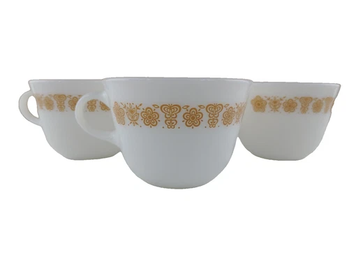 Vintage Pyrex Coffee Cup Tea Cup Mug Butterfly Gold 8 oz Set of 3 Glass Corning