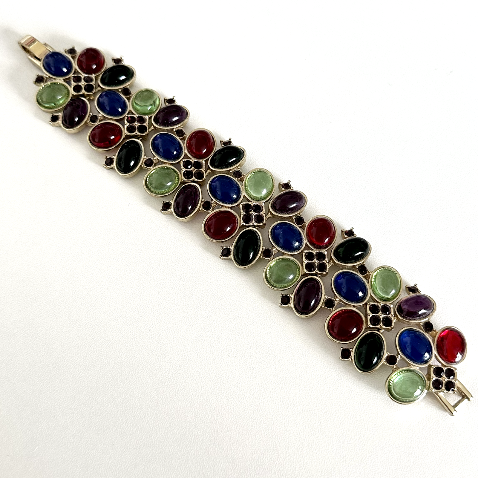 Vintage Chunky Multicolor Acrylic Cabochon Rhinestone Wide Bracelet