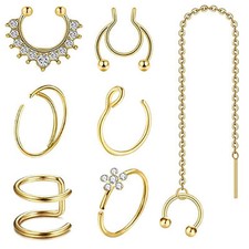 7pcs Fake Nose Rings Ear Cuff Chain Earring Set Septum Ring Non Piercing