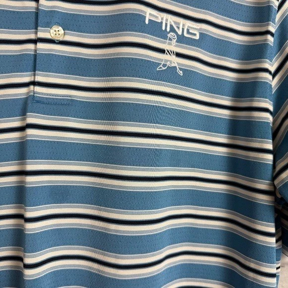 PING Vintage Embroidered Logo Enlarged Blue Striped Performance Golf Polo LARGE - Image 3 of 4