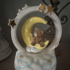 Ceramic Nursery Night Light Teddy Bear on Crescent Moon, Moon & Stars