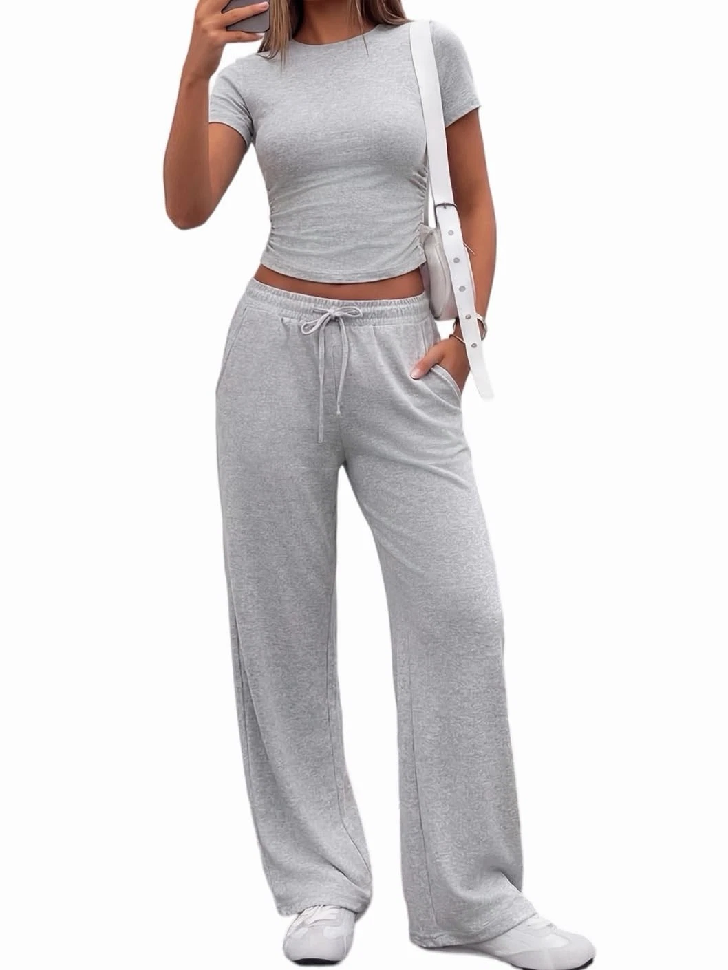 2 Piece Sets for Women Fitted T Shirts Wide Leg Pants with Pockets Matching L...
