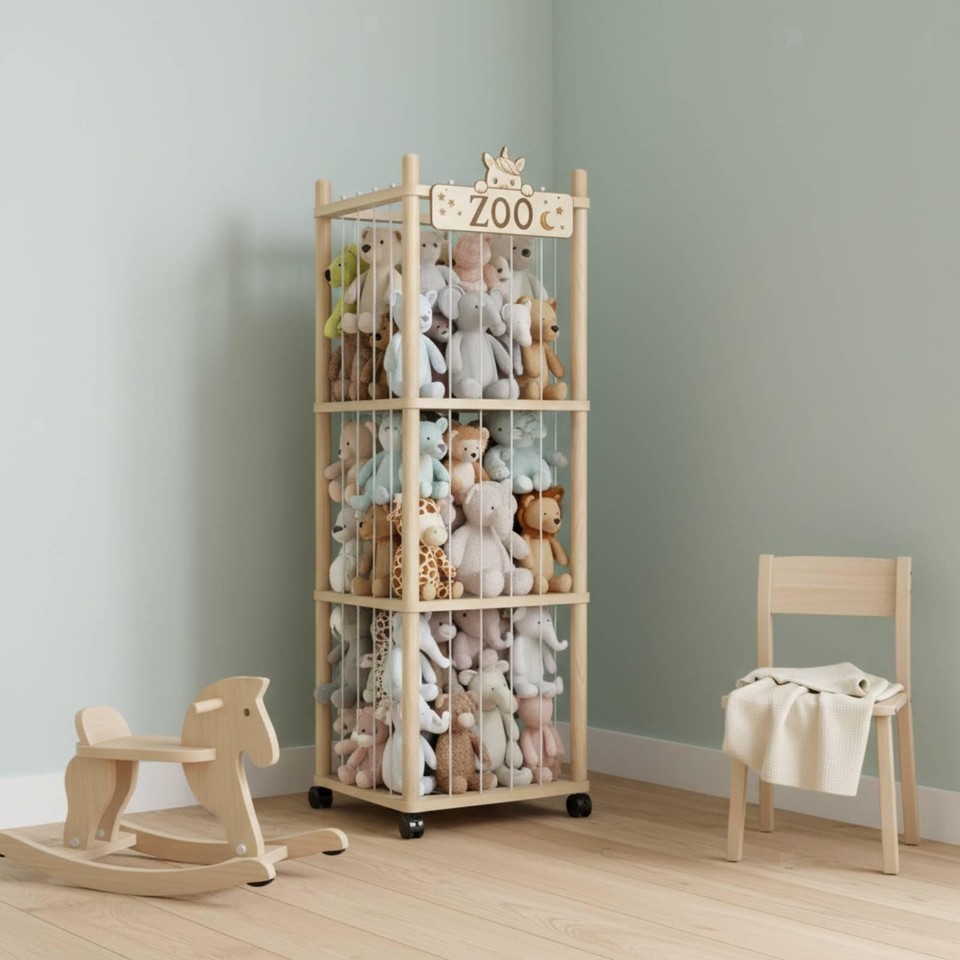 Wooden Stuffed Toy Storage Enclosure Uncovered Design Stuffed Creature ...