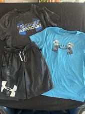 BOYS UNDER ARMOUR BLACK OUTFIT SHIRT SHORTS SIZE YOUTH MEDIUM 10-12