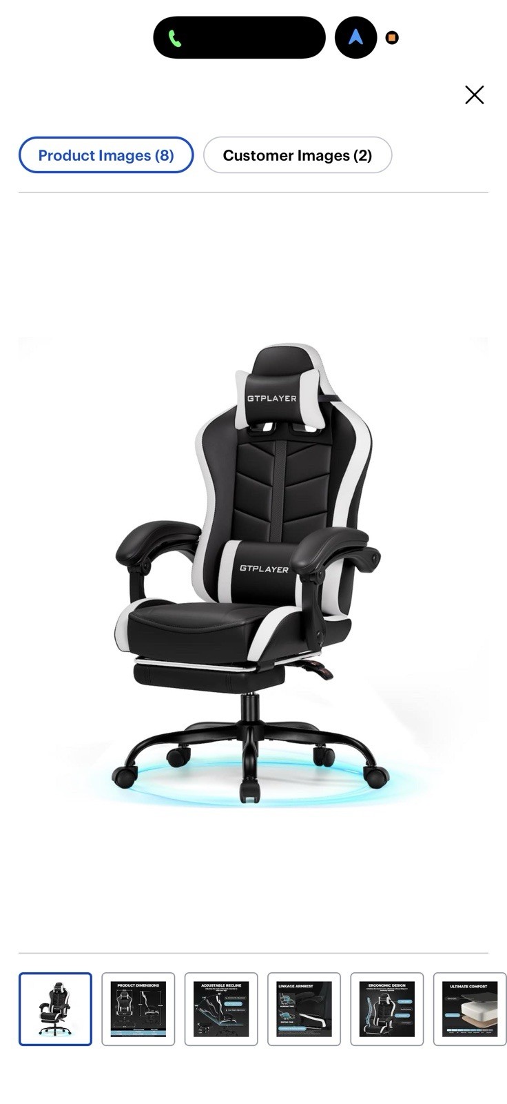 GTPlayer - Gaming Chair with Footrest Ergonomic Computer Chair - White