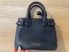 Burberry Baby Banner Navy Leather Check Handbag Double Handle Strap Auth