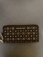 Michael Kors Women's Black Zip-Around Wallet Floral Logo, Credit Card Organizer
