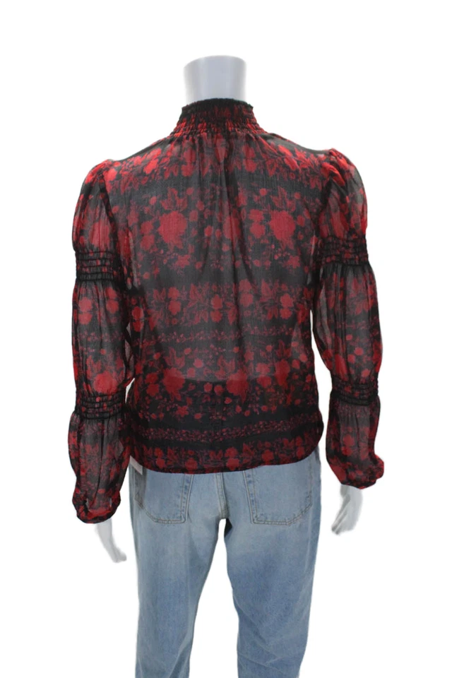 BB Dakota Womens Floral Printed Elastic Mock Neck Floral Blouse Red Size S - Image 3 of 4