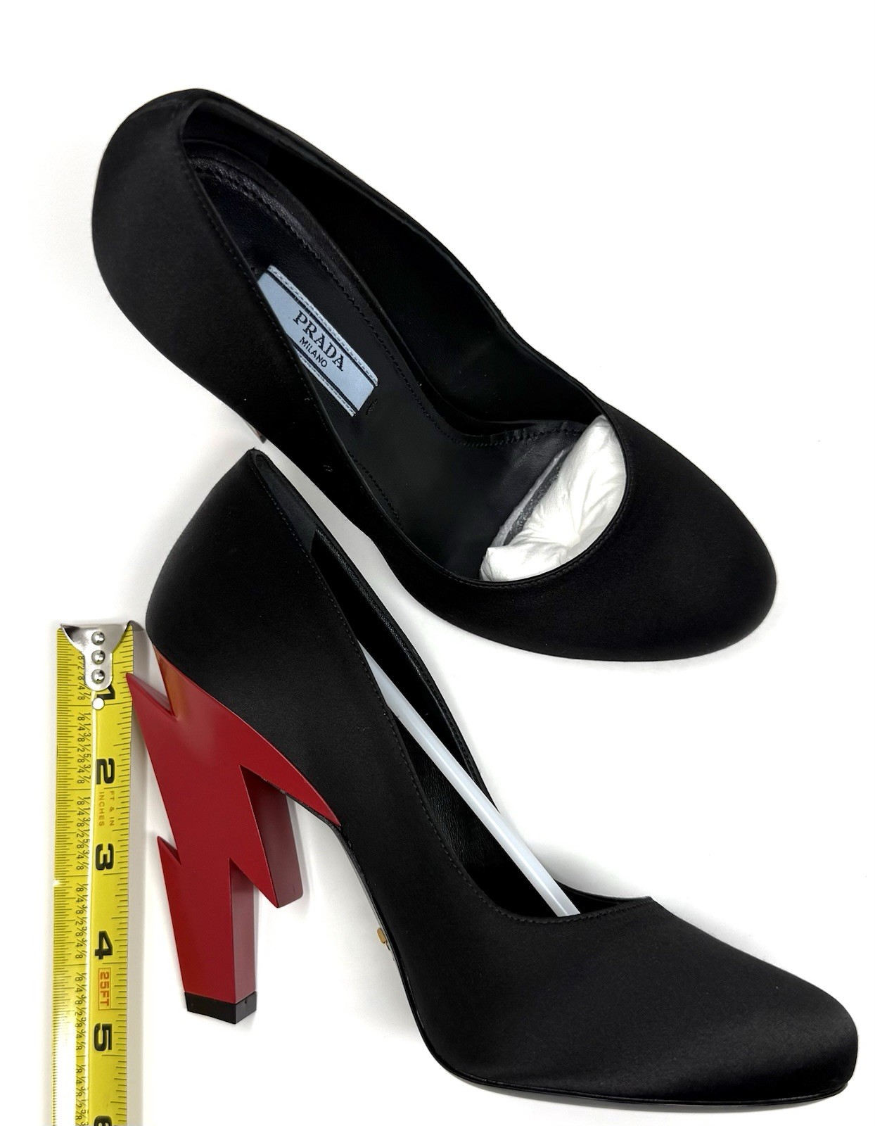 Prada Lighting Bolt Black Satin Pumps W Red Lighting-bolt Heel Size Eu 37 thumbnail 23