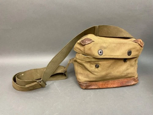 Vintage Military Olive Drab Canvas/Leather Riveted Supply Bag Stenciled WW1 WW2