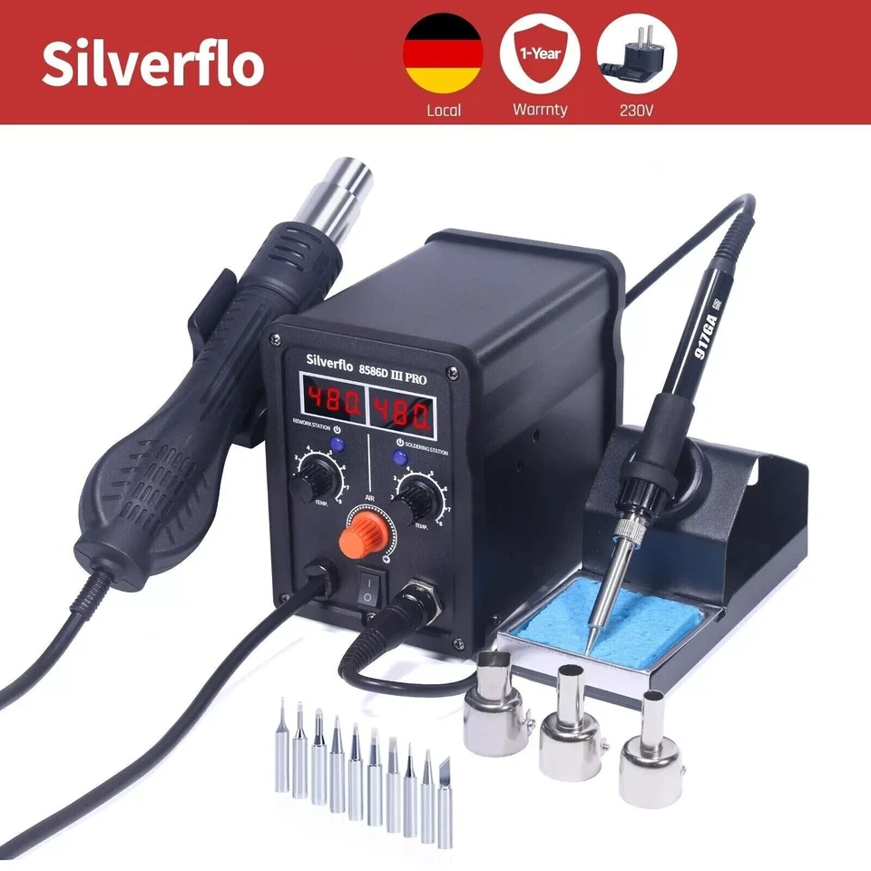 Silverflo 780W Lötstation Heißluft Digital LCD Lötkolben Rework Entlötung Kit
