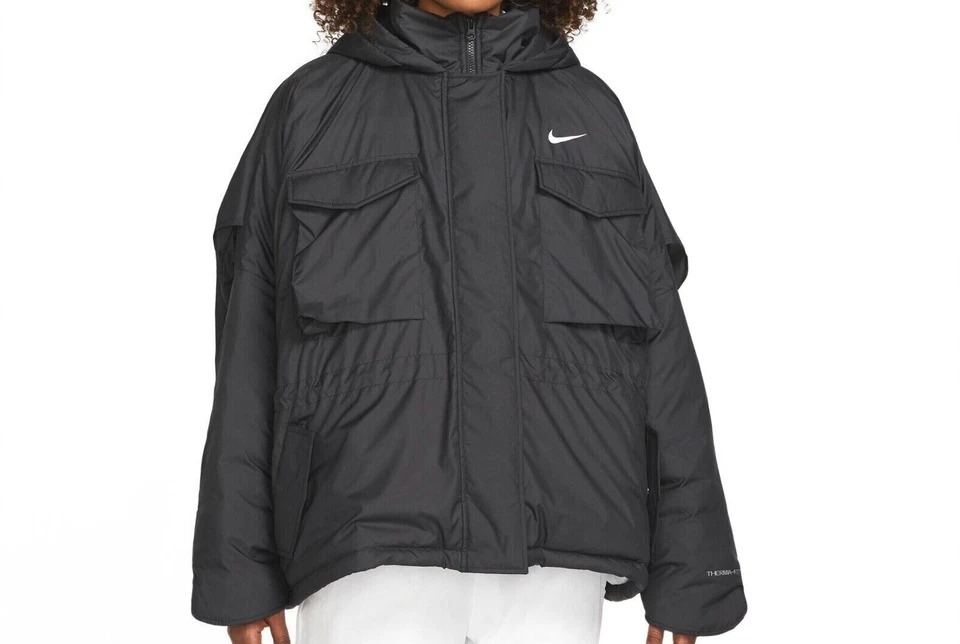 Nike Winter Black Jacket Insulated Hooded Loose Oversized Coat Women Size SALE - Image 3 of 4
