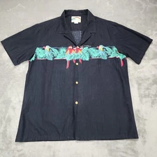 Paradise Found Hawaiian Shirt Mens Large Black Parrot Vintage Camp Leisure