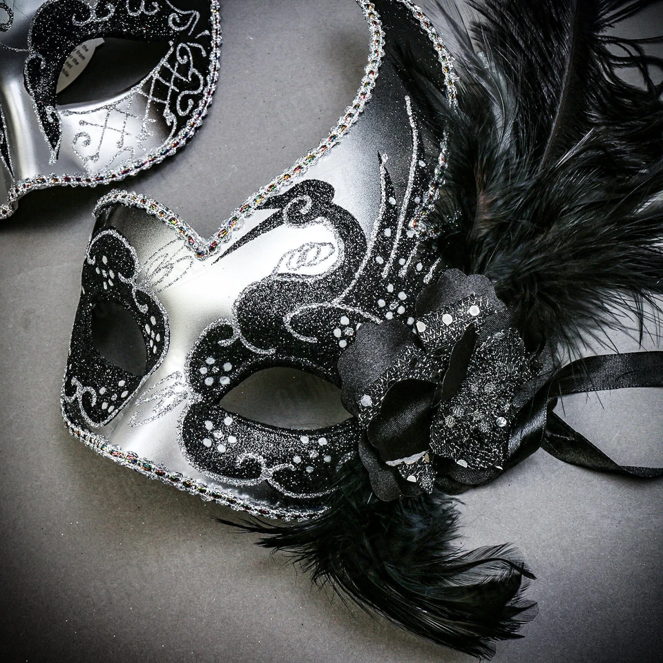 Silver Black Side Feather Glitter & Silver MardiGras Top Feather Party Masks - Image 2 of 3
