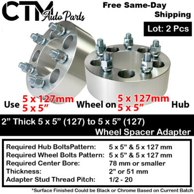 2x 2'' Thick 5x5''(5x127mm) 78mm Bore Wheel Spacer Adapter 1/2-20 Stud JEEP & More