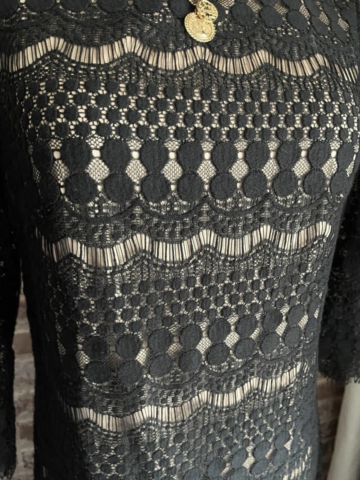 Jessica Howard Dress Black Lace Overlay Beige Lining Shift Dress 3/4 Sleeve 10 - Image 4 of 4