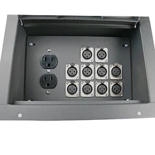 Recessed stage floor pocket audio box with 10 XLR female mic jacks & AC duplex