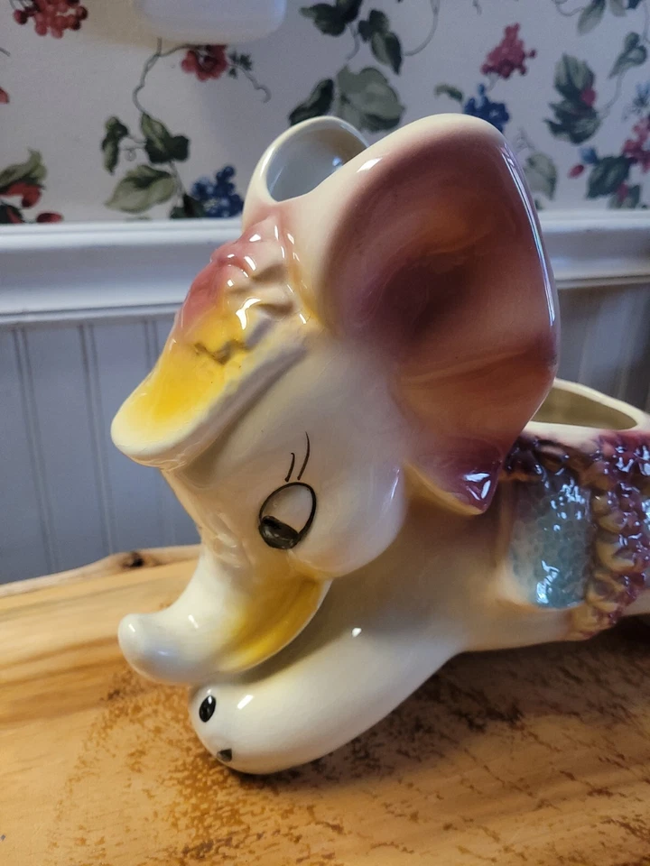 Vtg Shawnee Large Ceramic Elephant Planter Circus Flowers Pink Blue Yellow Rare - Image 3 of 4