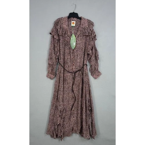 FARM Rio Maxi Dress Womens Medium Pink Baby Leopard Frill Bohemian Romantic
