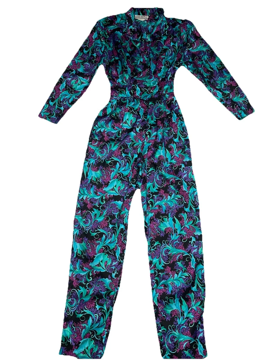 Combinaison Vintage Aqua Blues Années 1990 - Noir à Motifs Floraux, Taille M, été Plage, Occasion Très Bon état