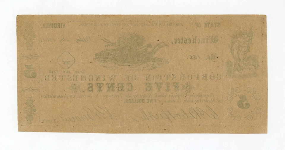 1861 5c The Corporation of Winchester, VIRGINIA (Upham CTFT.) Note - Image 2 of 2