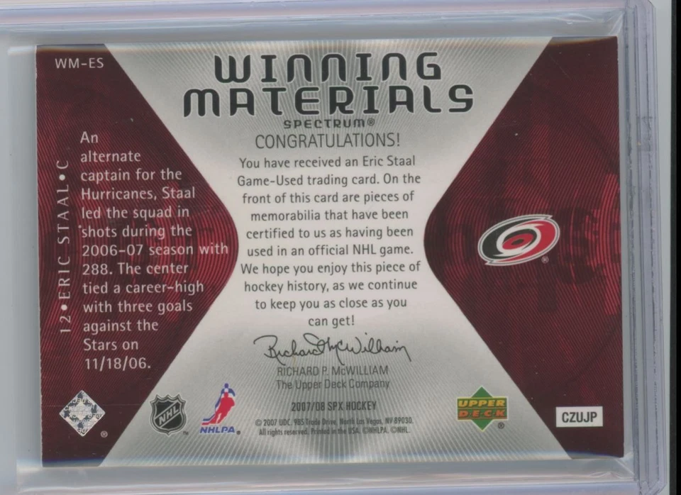 2007-08 Upper Deck SPx Winning Materials Patch Eric Staal /99 #WM-ES - Image 2 of 2