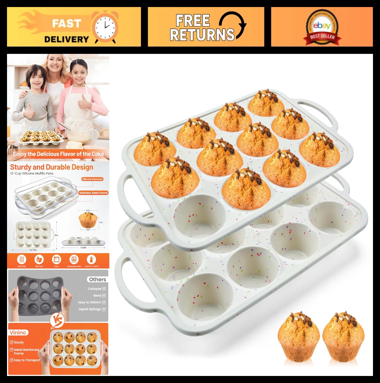 2-Pack Silicone Muffin Pan Set, 12-Cup Non-Stick Bakeware, BPA-Free, Oven Safe