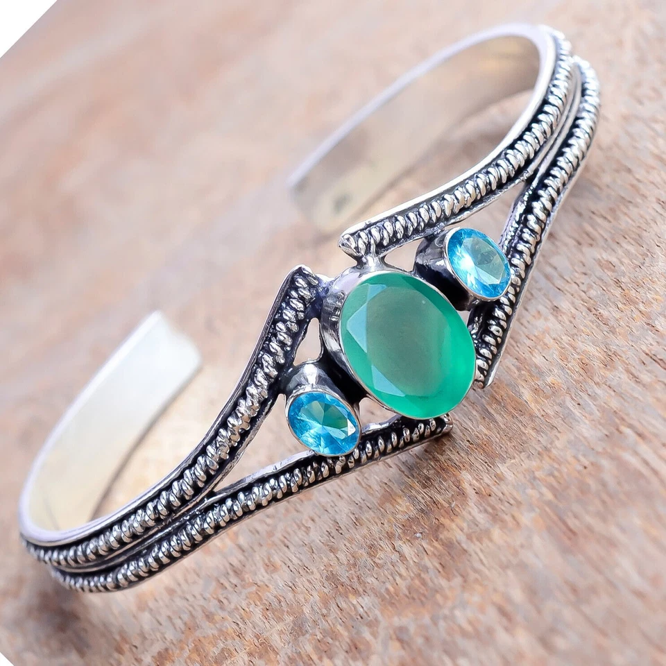 Bracciale con onice verde e topazio blu di Londra. Polsino gioielli da uomo... - Immagine 3 di 4