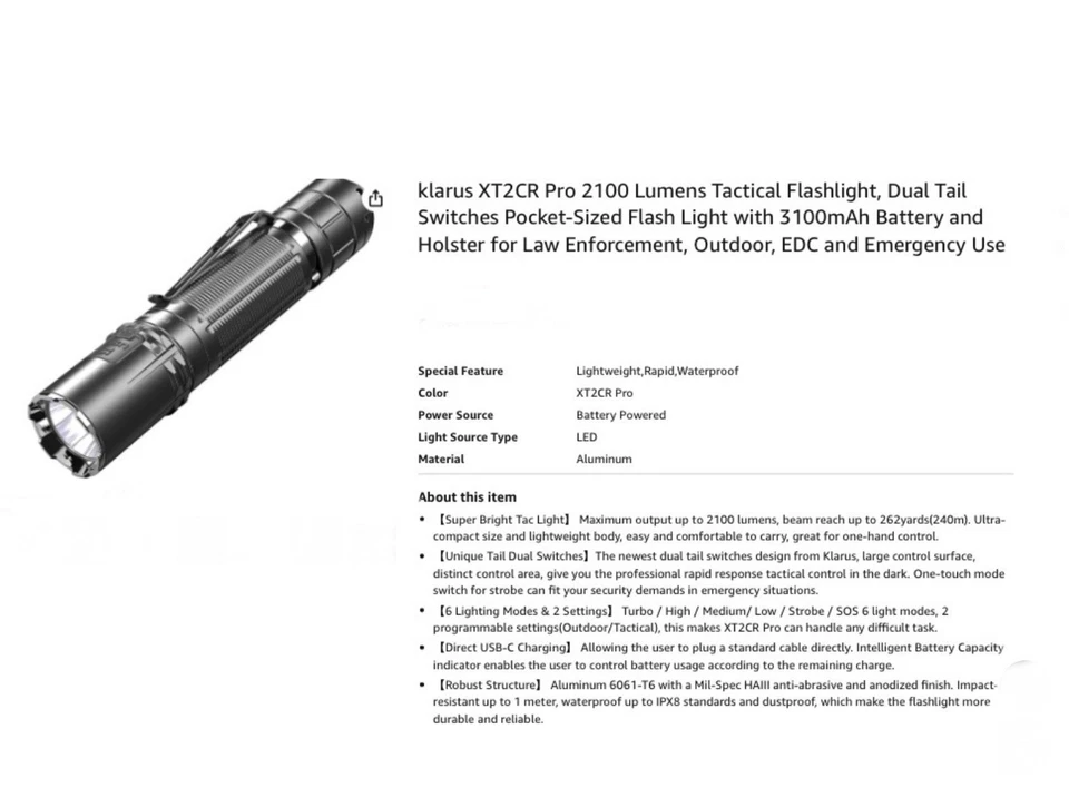 Klarus XT2CR Pro LED Tactical Flashlight 2100 Lumens Rechargeable Waterproof New - Image 3 of 4