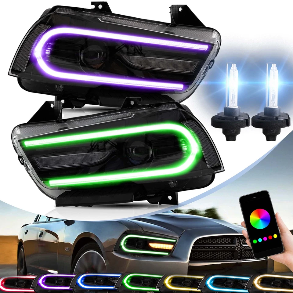 2*VLAND RGB LED DRL Front Headlights For 2011-2014 Dodge Charger D2H Xenon Bulbs - Image 2 of 4