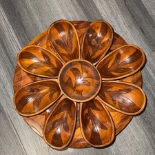 Vintage Carved Wood Lazy Susan Serving Set -Serving Bowls & Dip Bowl MCM
