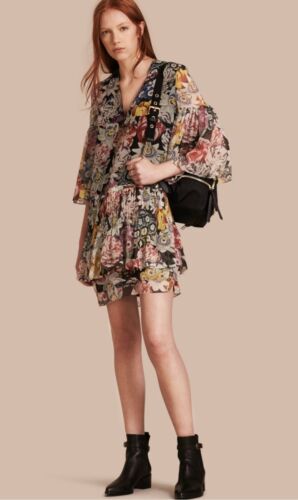 Authentic NEW BURBERRY Women's Black/ Multicolor RUTH Silk Floral Dress 4US S M