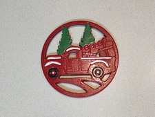 Red Vintage Truck Round 8" Trivet  St Nicholas Square Christmas Cast Iron Trivet