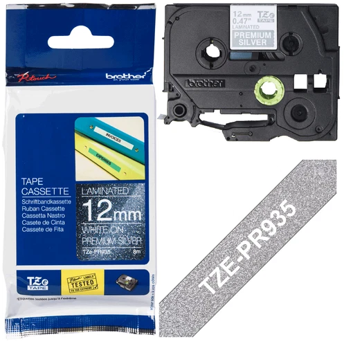 ORIGINAL Brother LAMINATED TAPE White on Premium SILVER Label TZe-PR935 12mm x8M