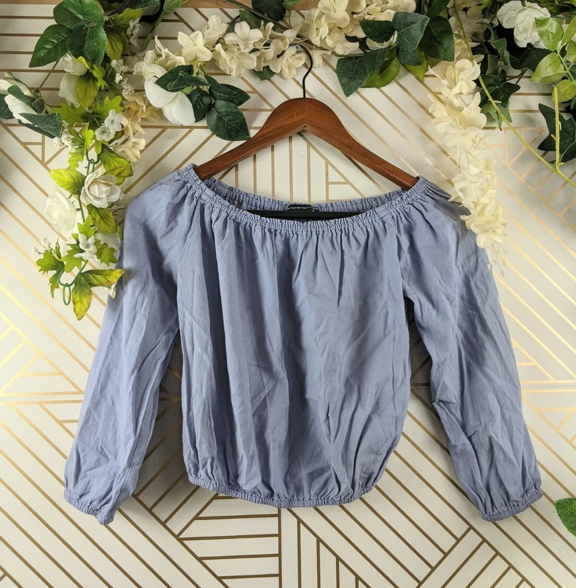 Brandy Melville Blue Maura Long Sleeve Off The Shoulder Top One Size