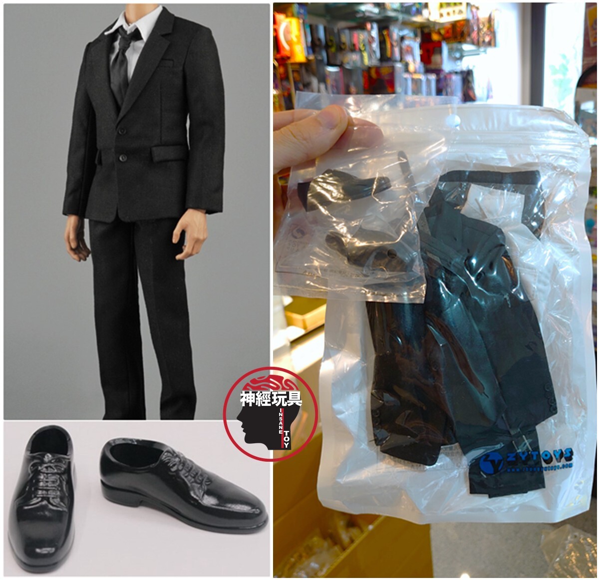 ZYTOYS 1/6 Scale Black Mens Suit & Leather Shoes For 12