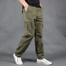 Men Cotton Cargo Combat Pants Khakis Straight Leg Zip Pocket Trousers Soft Solid