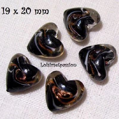 LOT 2 PERLES VERRE MURANO, COEUR NOIR Filament blanc doré, 19 x 20 mm - PV04