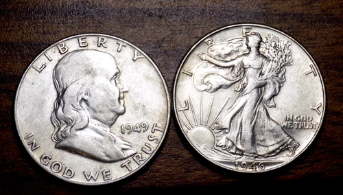 WALKING LIBERTY AND FRANKLIN 90% SILVER HALF COLLECTORS LOT 49 AND 46 AU/BU! $1