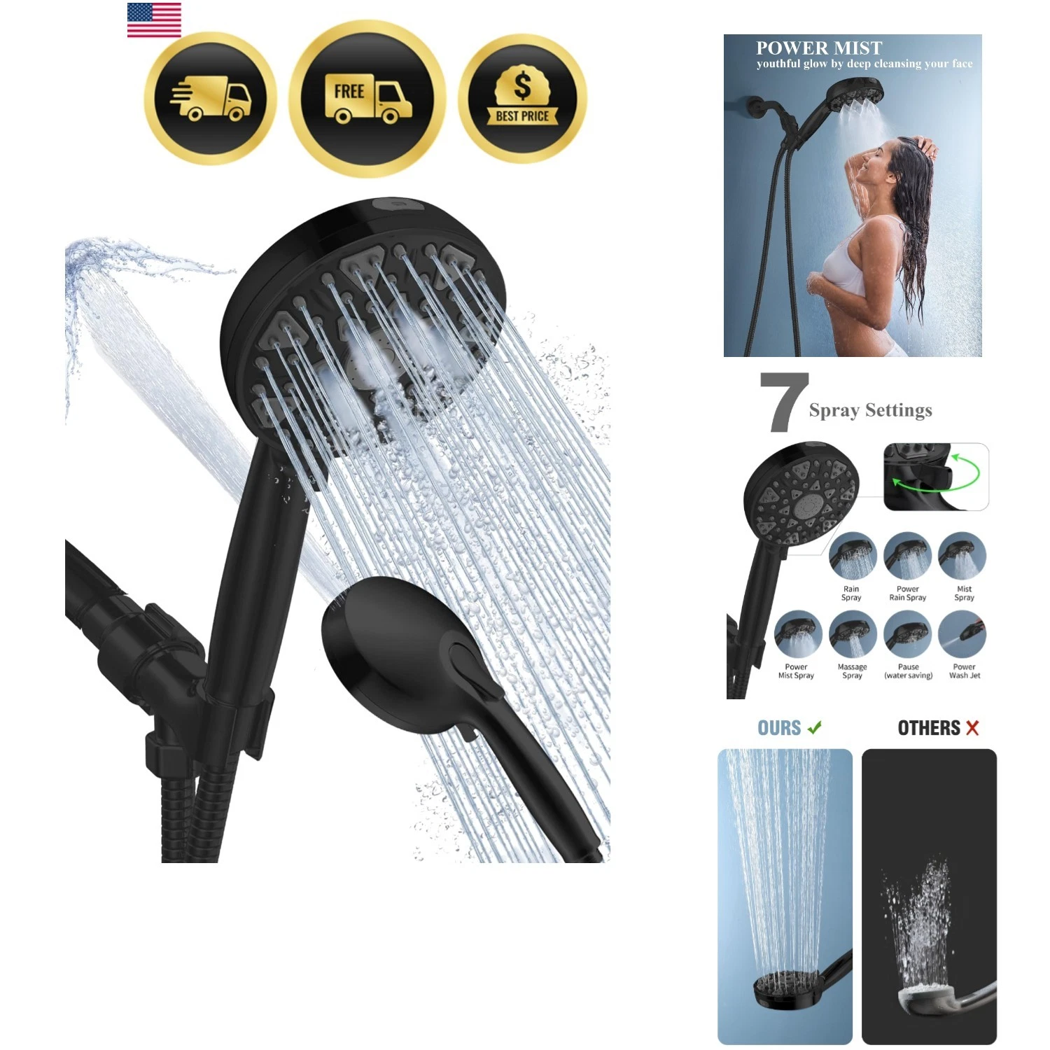 High Pressure Shower head with Handheld 7 Modes, Built-in Power Wash to Clear...