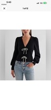 EXPRESS Bow V Neck Embellished Cardigan Black Sweater Embellished Sz XS