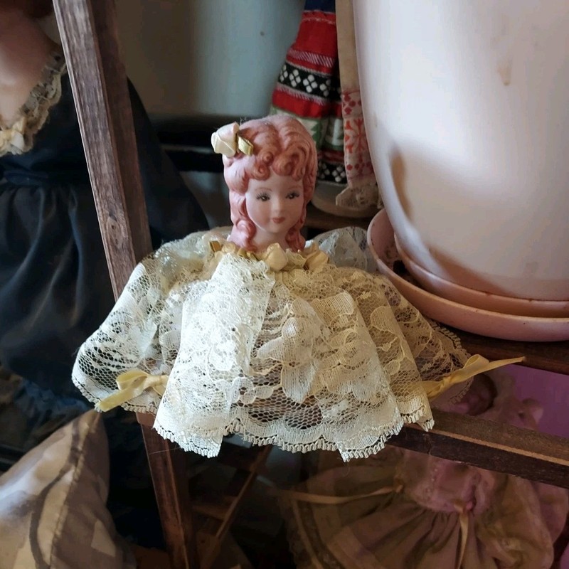 Lot of 2 Porcelain Girl Dolls Red Hair Cream & Green Lace Dresses Outfit