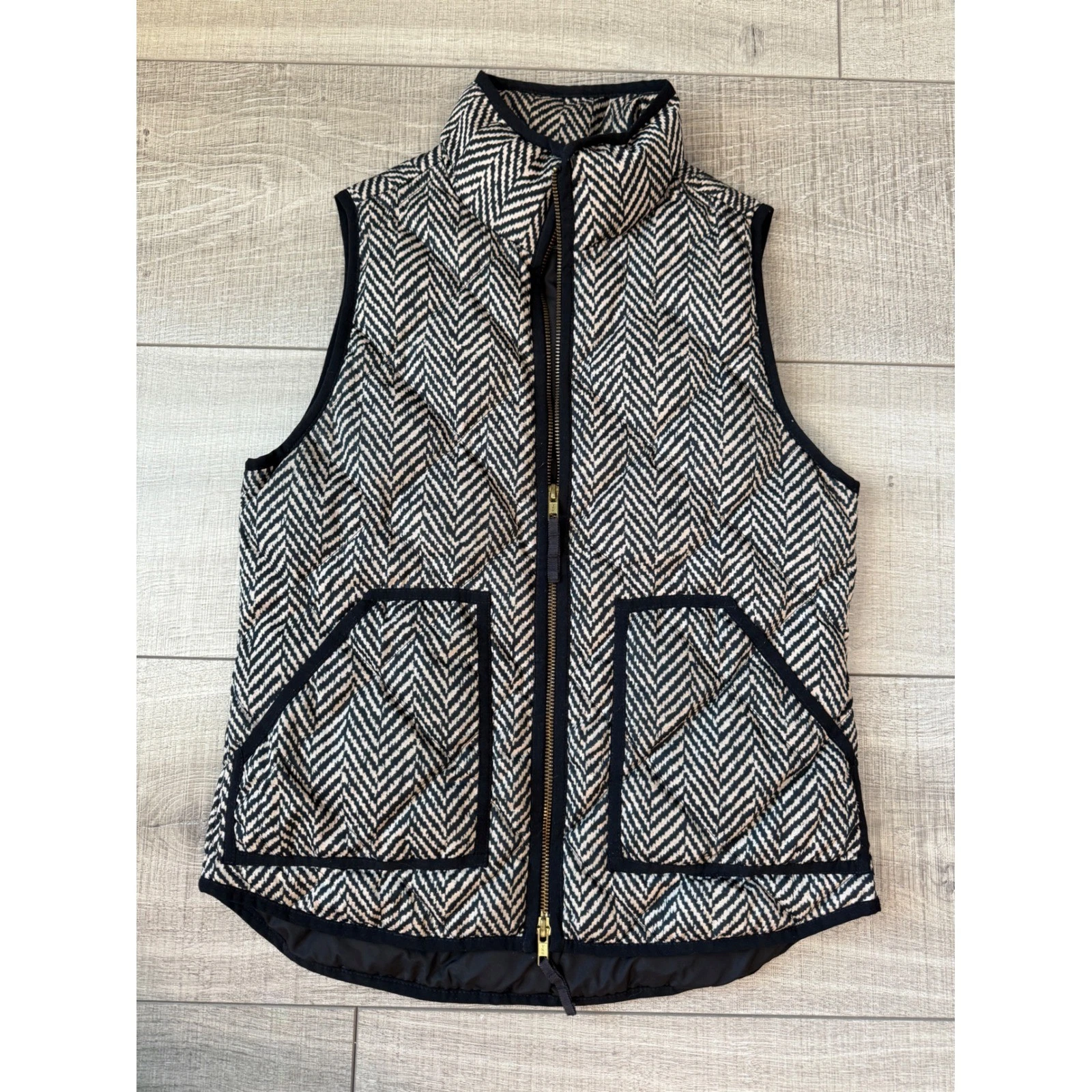 J.Crew Herringbone Down Puffer Vest XS Navy Cream Quilted