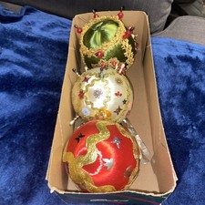 Vintage 3 Hand Made Fancy Sequin Beaded Push Pin Christmas Ornaments Mid Century
