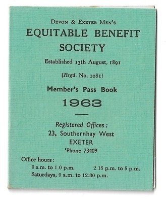 1963 Devon & Exeter Männer Equitable Benefit Society Mitglied Pass Buch/Karte