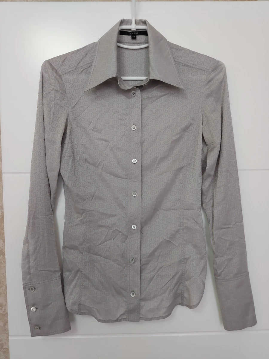 Gucci GG Monogram Silk Long Sleeve Top Button Down Shirt Collar Gray Blouse 40 S