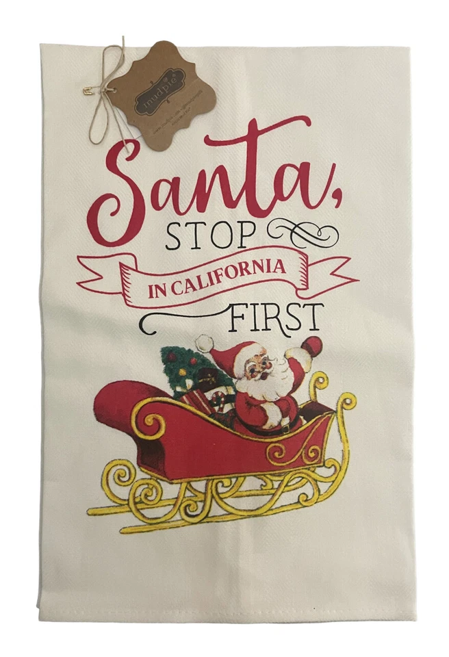 Toalha de Cozinha de Natal Vintage por State From Mud Pie 28" X 21" Algodão NOVO Papai Noel - Imagem 3 de 4