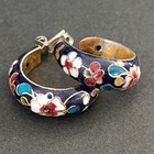 Vintage Cloisonné Hoop Earrings Floral Navy Blue Floral Colorful Enamel Boho VTG