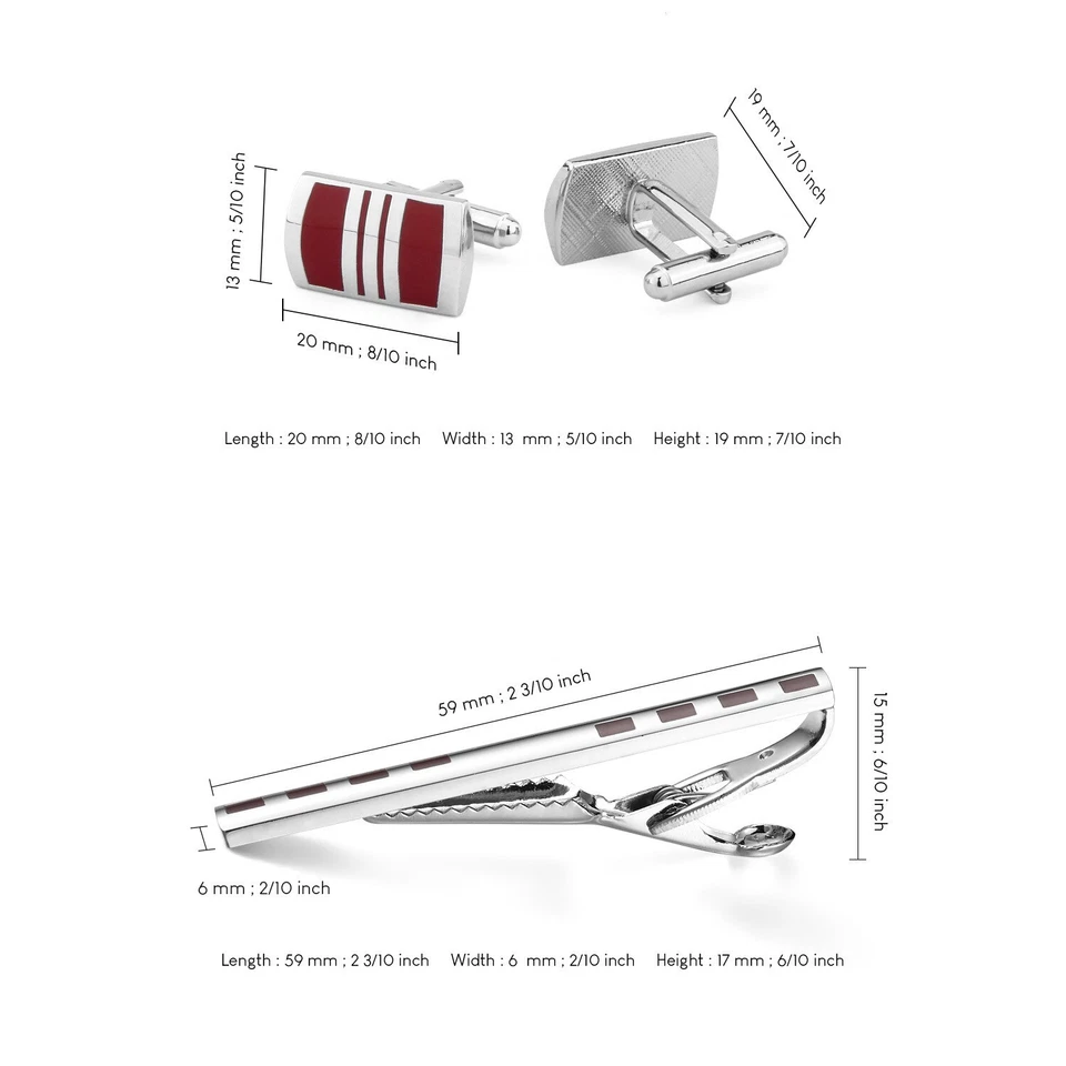 Men Silver Plated Copper Cuff Links Red EnamelClassic Wedding Jewelry Tie Clip - Image 2 of 4