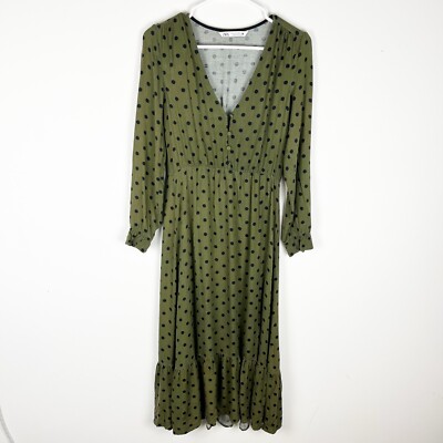 Green Polka Dot Dress Zara Zara Green W/Black Polka Dot Midi Dress